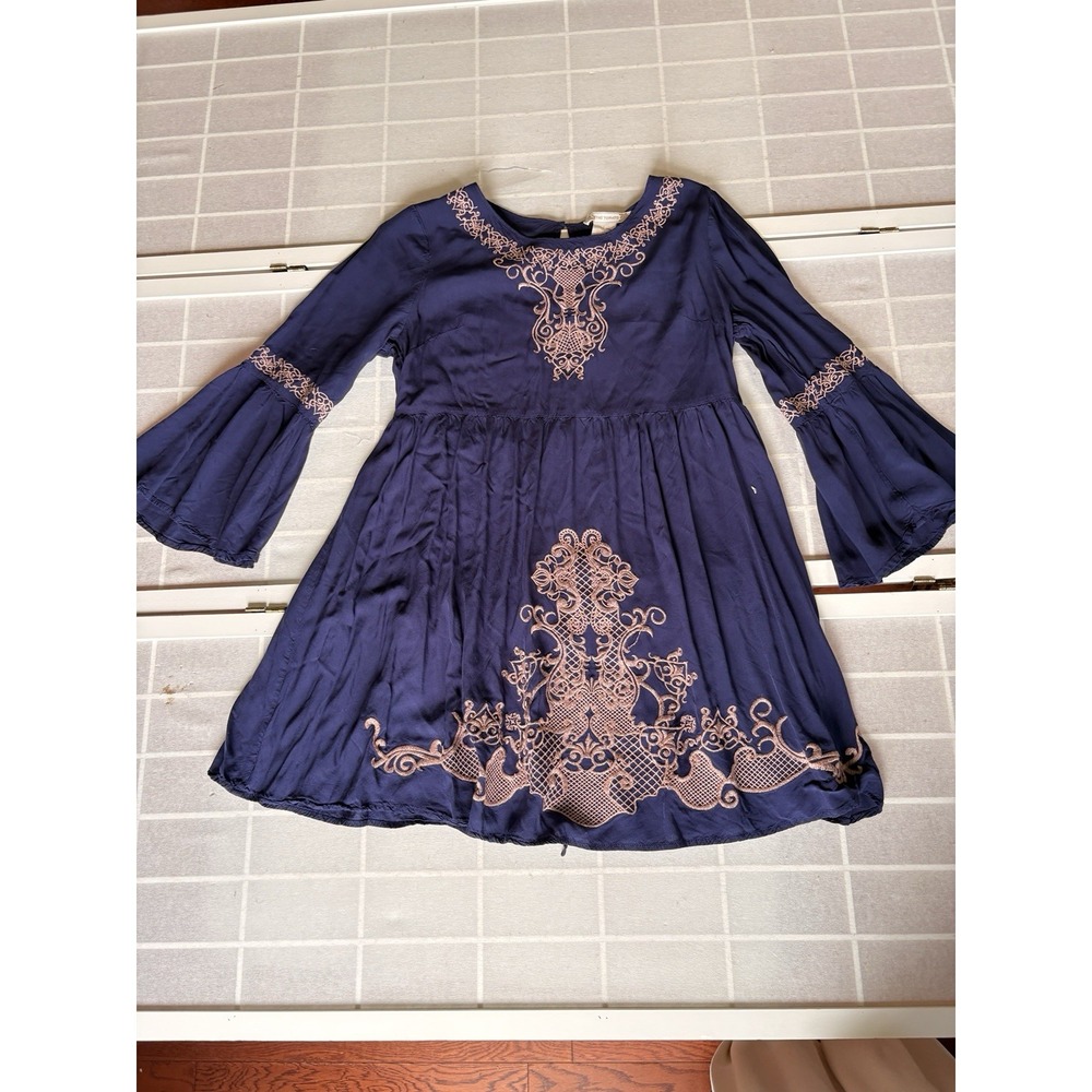 Flying Tomato Navy Blue Embroidered Bell Sleeve Mini Dress Tunic Boho Chic SzL